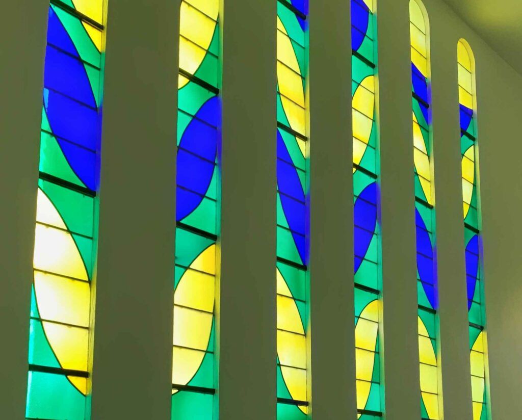 Colorful windows in the rosary chapel in Vence done by Henri Matisse 